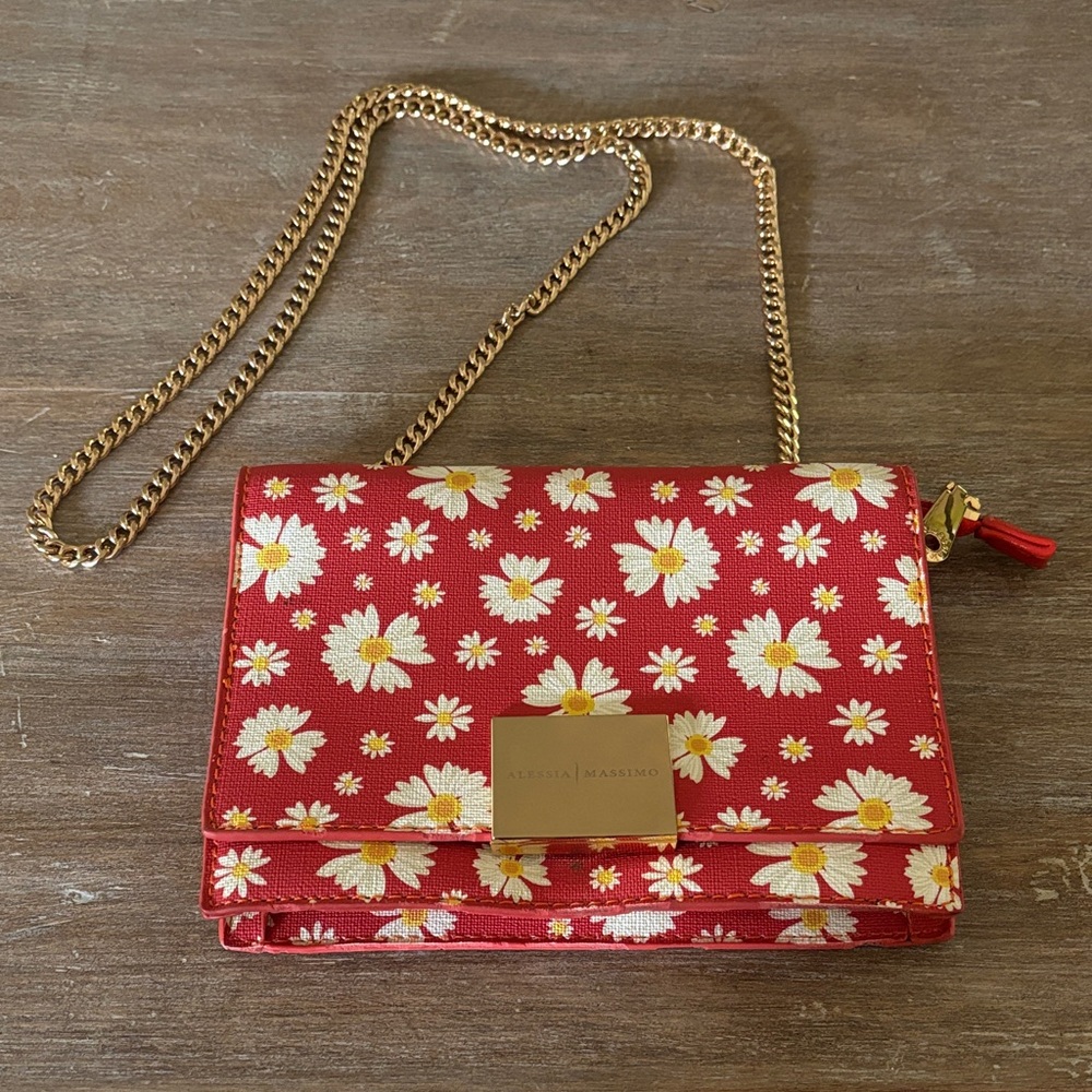 Alessia Massimo Red Floral Chain Strap Bag